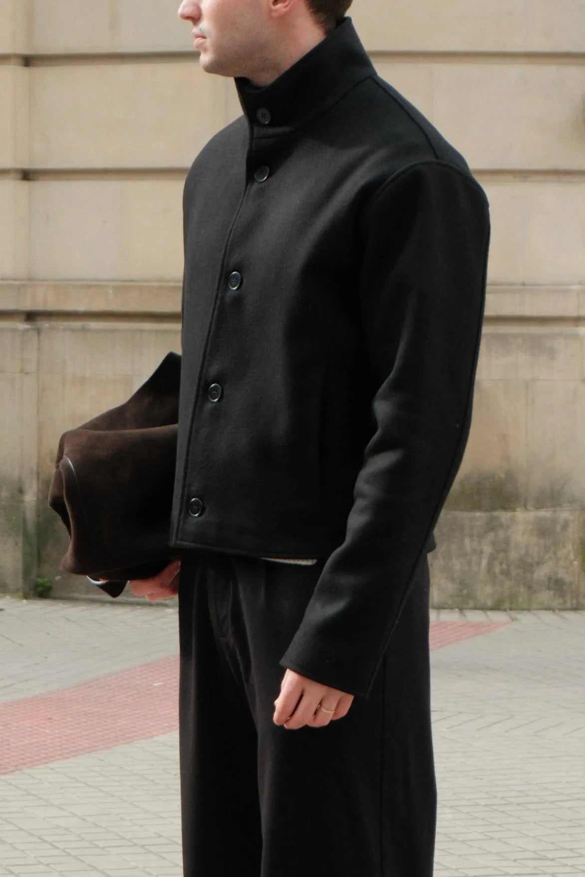 Boxy cropped wool jacket side profile